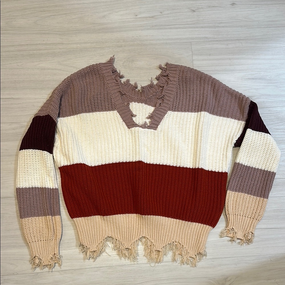 Colorblock Frayed Sweater